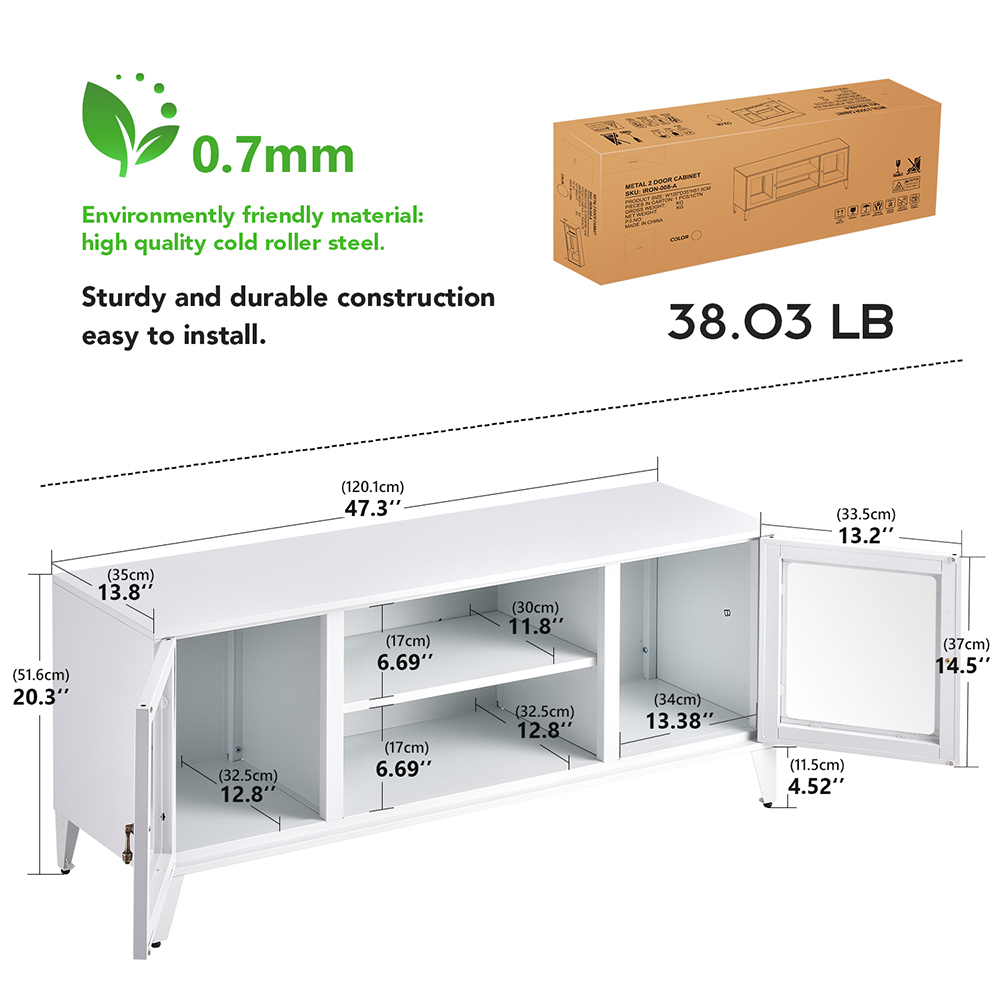 47" Metal TV Stand with 2 Doors and Storage Shelves, Suitable for Placing TVs up to 55", for Living Room, Entertainment Center - White