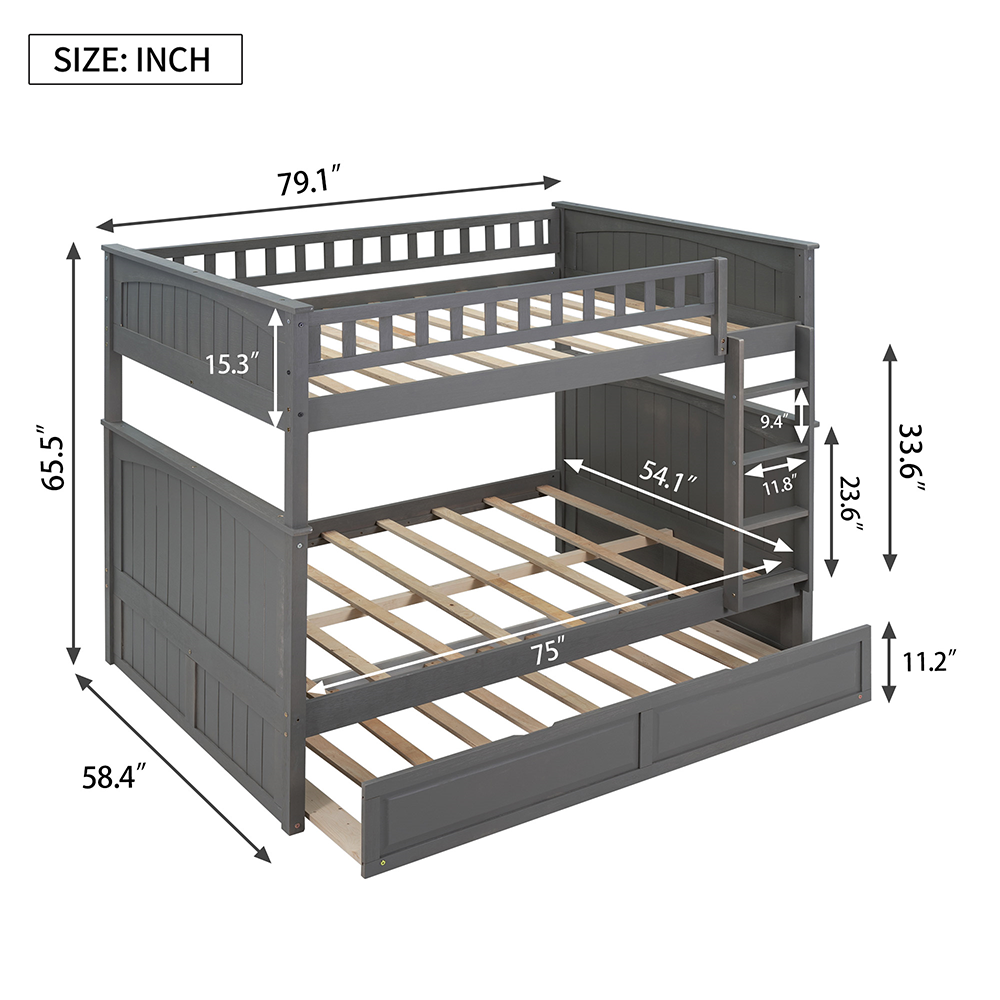 Full-Over-Full Size Bunk Bed Frame with Trundle Bed, and Wooden Slats Support, No Spring Box Required (Frame Only) - Gray