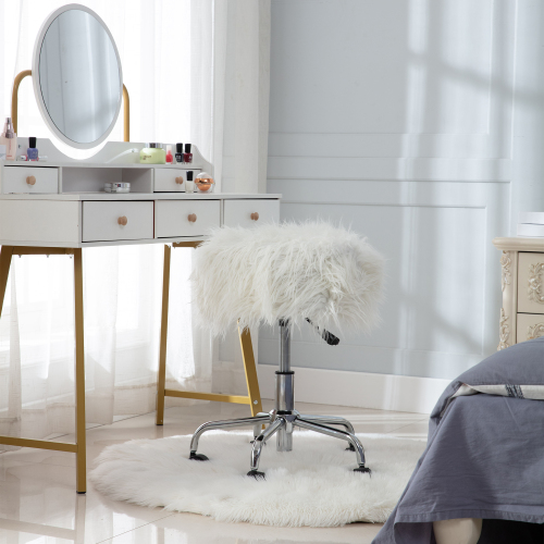 HengMing Faux Fur Swivel Stool Height Adjustable with Backrest and Casters for Living Room, Bedroom, Dining Room, Office - White