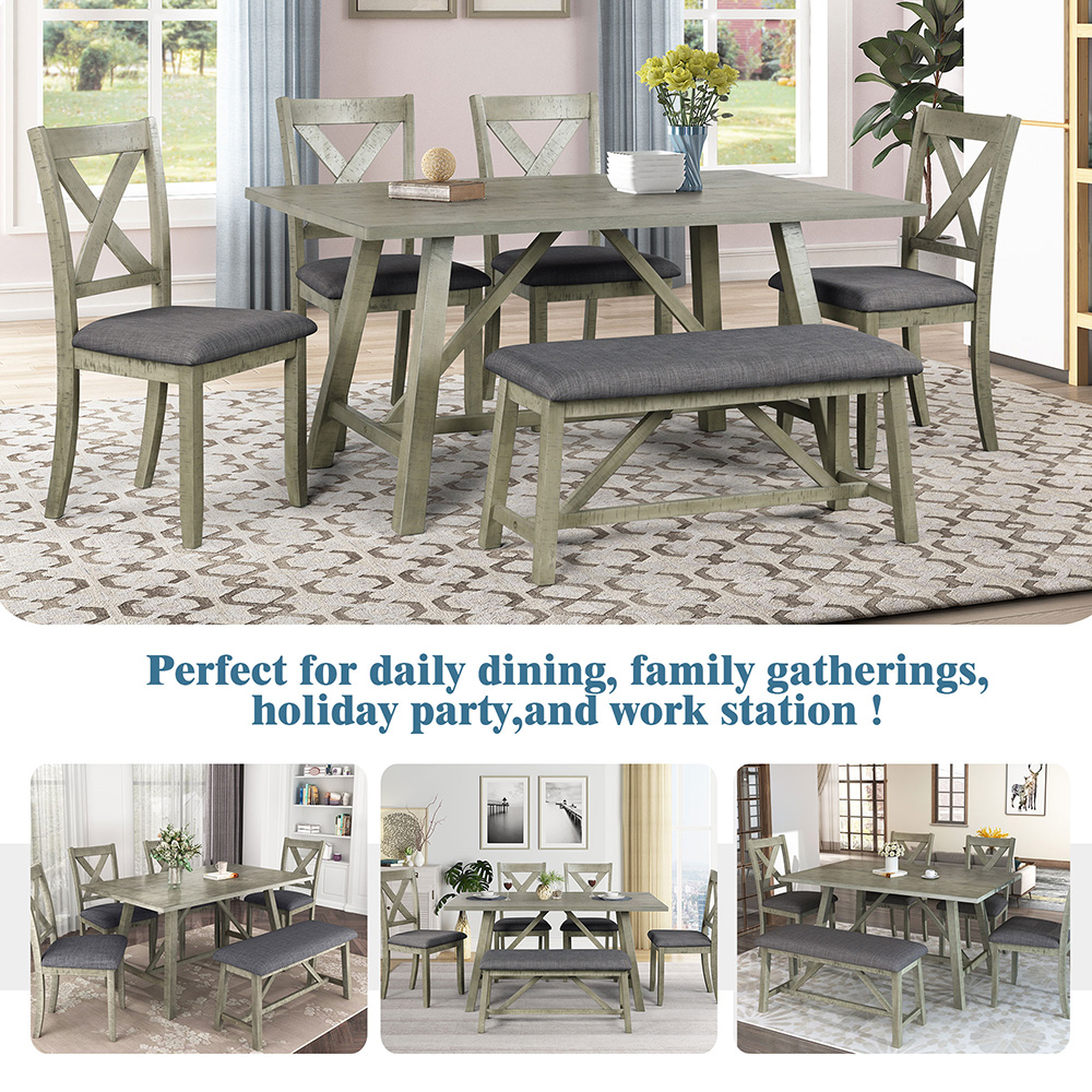 TOPMAX 6 Piece Rustic Style Wooden Dining Set, Including 1 Table, 1 Bench, and 4 Chairs - Gray