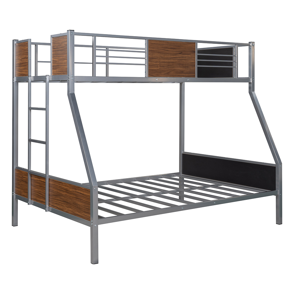 Twin-Over-Full Size Bunk Bed Frame with Ladder, and Metal Slats Support, No Spring Box Required (Frame Only) - Silver