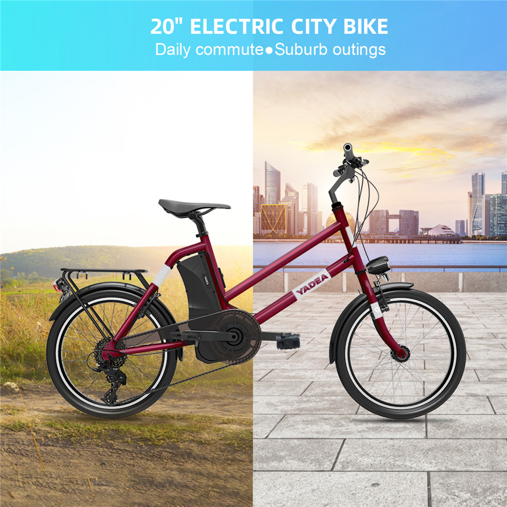 YADEA YT300 20 inch Touring Electric City Bike 350W OKAWA Mid Drive Motor SHIMANO 7-Speed Rear Derailleur 36V 7.8Ah Removable Battery 25km/h Max speed up to 60km Max Range LED Headlight - Red