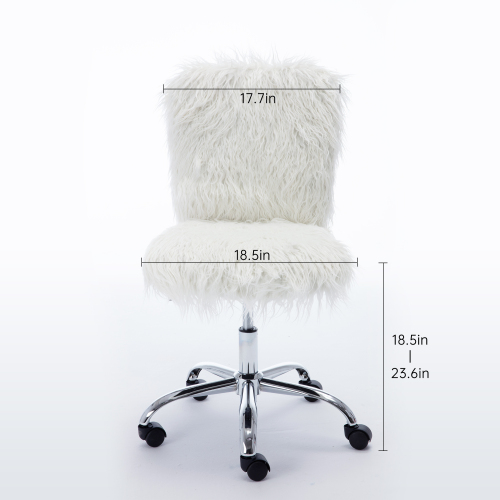 HengMing Faux Fur Swivel Chair Height Adjustable with Backrest and Casters for Living Room, Bedroom, Dining Room, Office - White