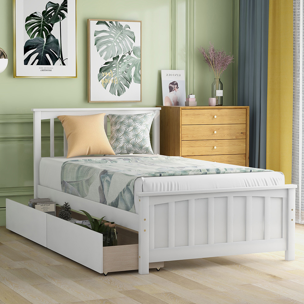 Wood Twin size Bed Frame Bed Platform W/2 Storage Drawers & wood Slat Support 