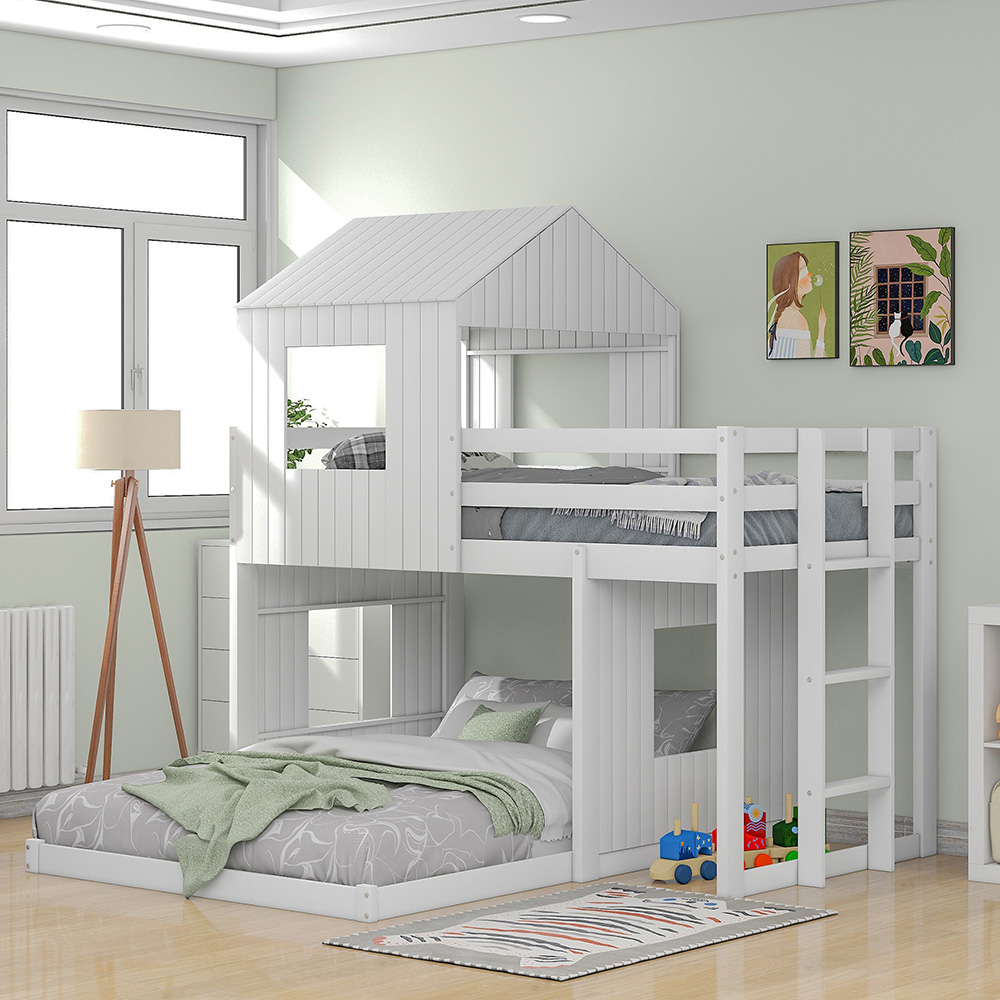 Twin-Over-Full Size Bunk Bed Frame with Roof, and Wooden Slats Support, No Spring Box Required (Frame Only) - White