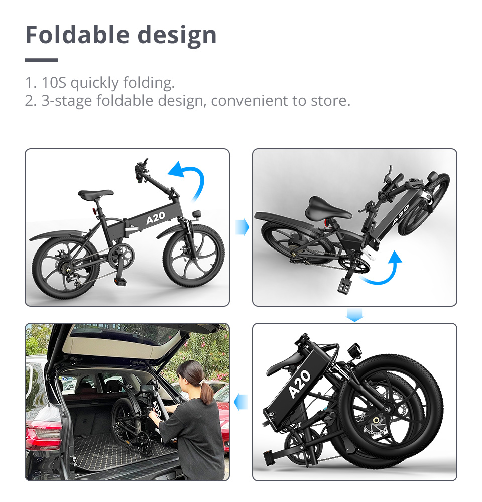 ADO A20 Electric Folding Bike 20 inch City Bicycle 350W Hall Brushless Gear DC Motor SHIMANO 7-Speed Rear Derailleur 36V 10.4Ah Removable Battery 35km/h Max speed up to 60km Max Range IPX5 Double Shock-absorption LED Headlight Aluminum alloy Frame - Black