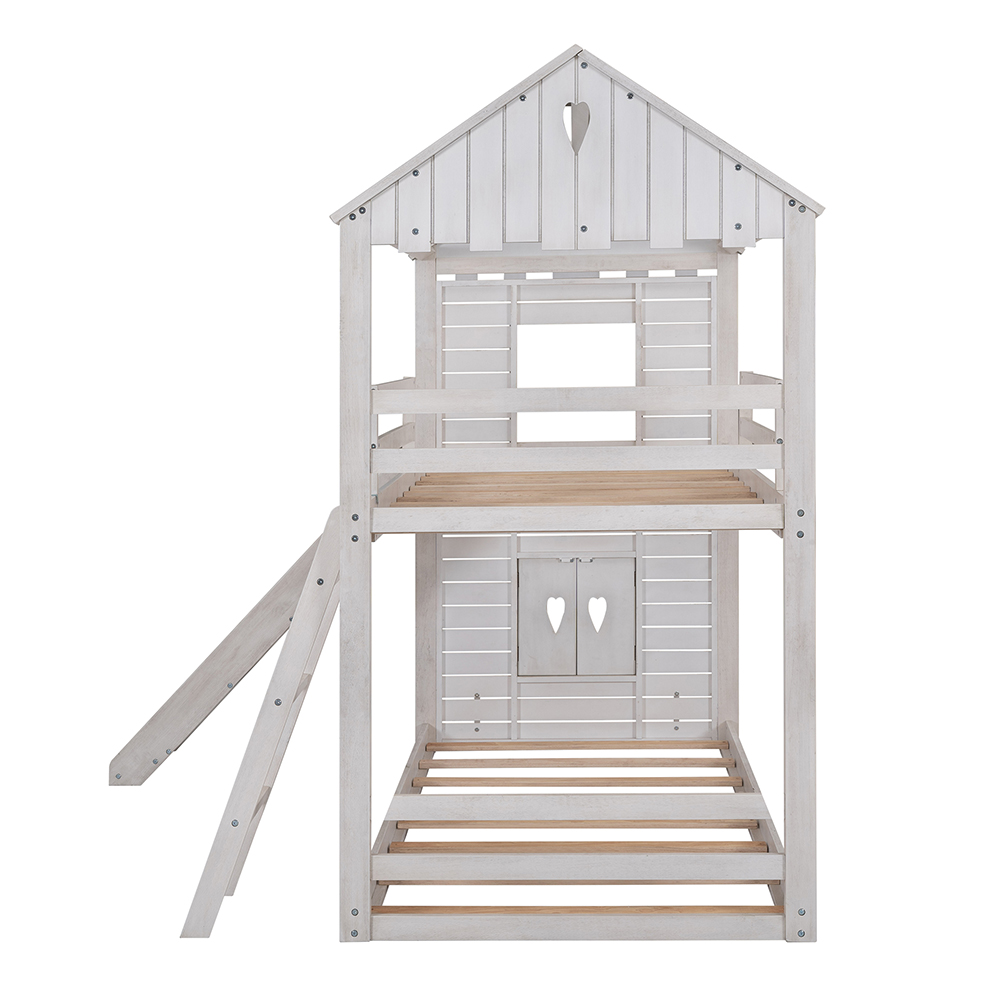 Twin-Over-Twin Size House-Shaped Bunk Bed Frame with Slide, Ladder, and Wooden Slats Support, No Spring Box Required (Frame Only) - White