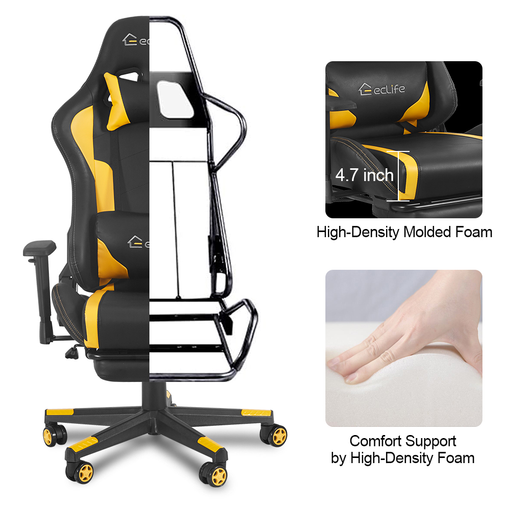 Home Office PU Leather Rotatable Massage Gaming Chair Height Adjustable with Ergonomic High Backrest and Casters - Yellow