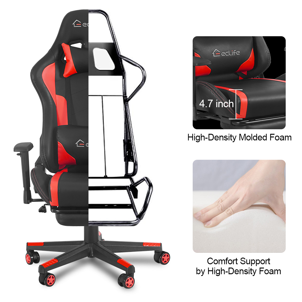 Home Office PU Leather Rotatable Massage Gaming Chair Height Adjustable with Ergonomic High Backrest and Casters - Red