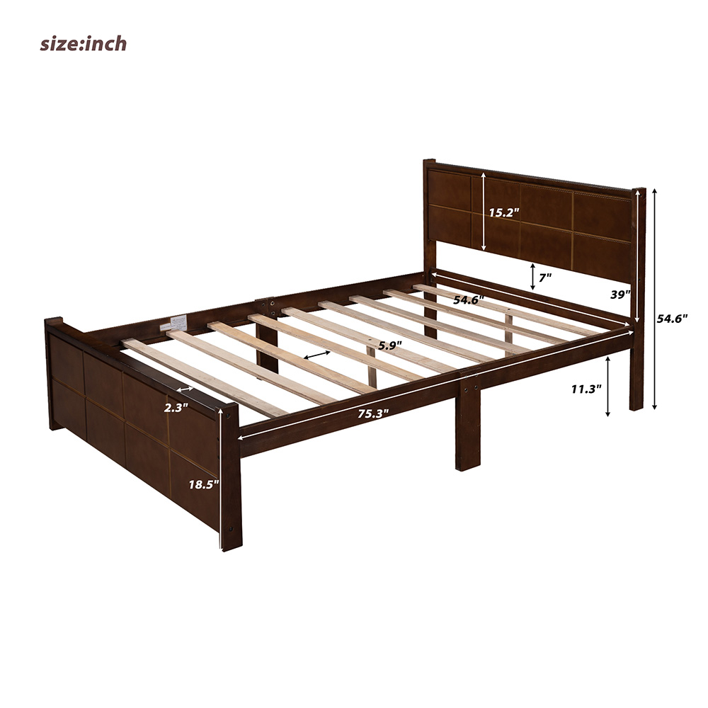 Full-Size Platform Bed Frame with Rectangular Line Shape Headboard and Wooden Slats Support, No Box Spring Needed (Only Frame) - Walnut