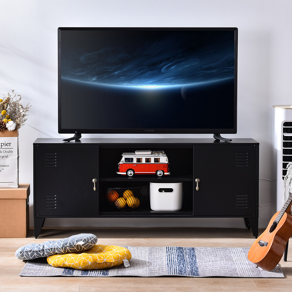 47" Metal TV Stand with 2 Storage Cabinets and Open Shelves, Suitable for Placing TVs Up to 55", for Living Room, Entertainment Center - Black
