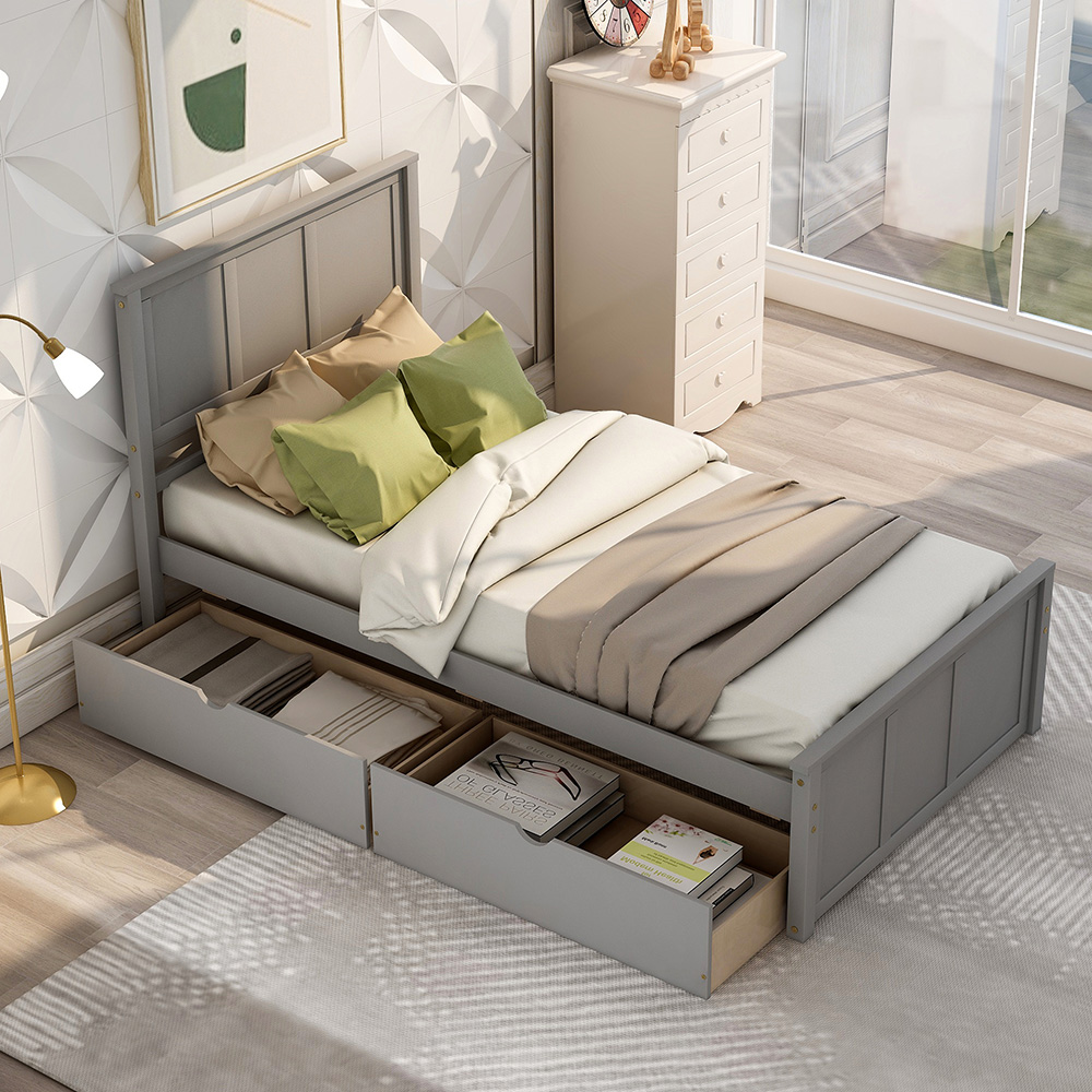 Twin-Size Platform Bed Frame with 2 Storage Drawers, Headboard and Wooden Slats Support, No Box Spring Needed (Only Frame) - Gray