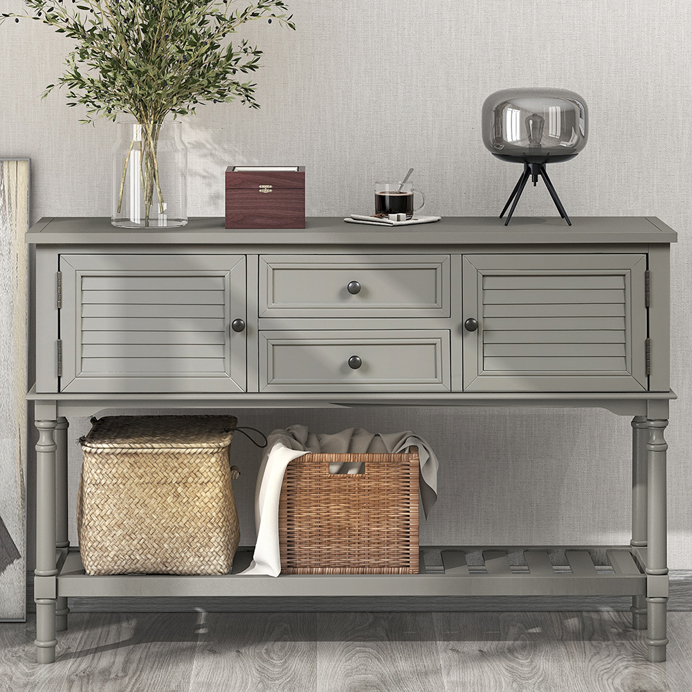 U-STYLE 47" Modern Style Wooden Console Table with 2 Storage Drawers, 2 Cabinets and Bottom Shelf, for Entrance, Hallway, Dining Room, Kitchen - Gray