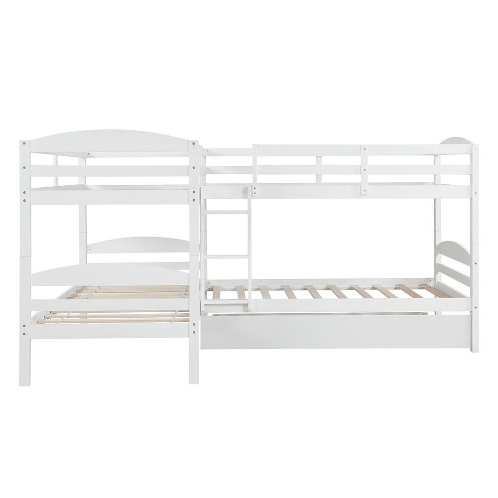 Twin-Over-Twin Size L-Shaped Bunk Bed Frame with Trundle Bed, Ladder, and Wooden Slats Support, No Spring Box Required (Frame Only) - White