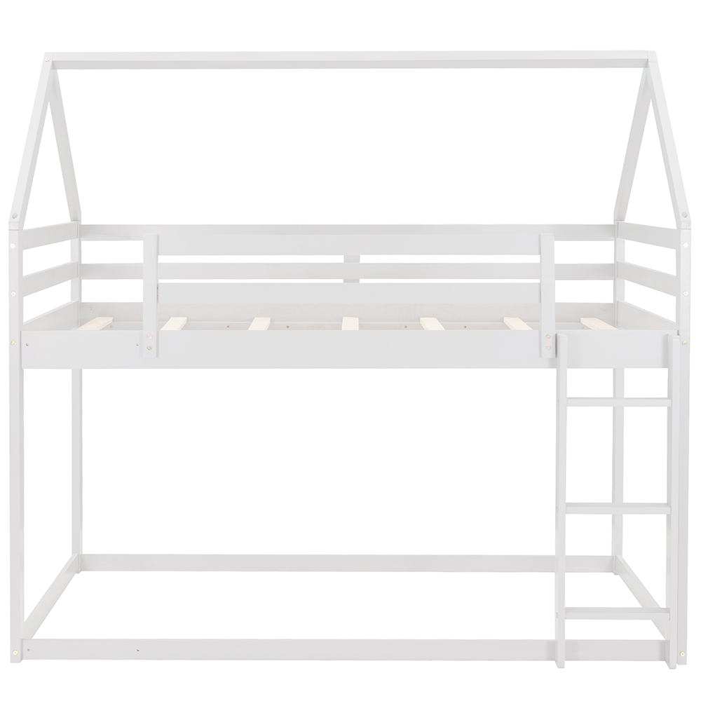 Twin-Over-Twin Size House-Shaped Bunk Bed Frame with Ladder, and Wooden Slats Support, No Spring Box Required (Frame Only) - White