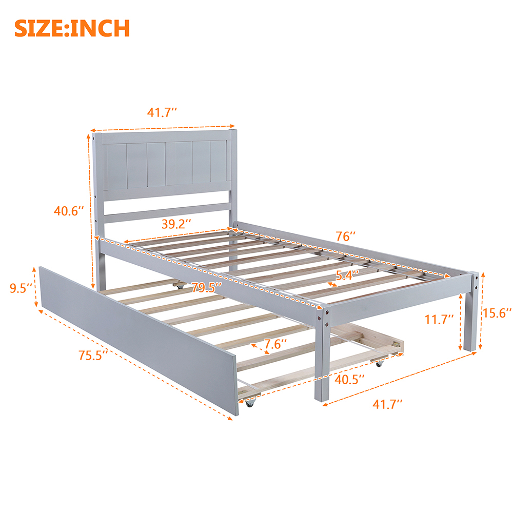 Twin-Size Platform Bed Frame with Trundle Bed, Headboard and Wooden Slats Support, No Box Spring Needed (Only Frame) - Gray