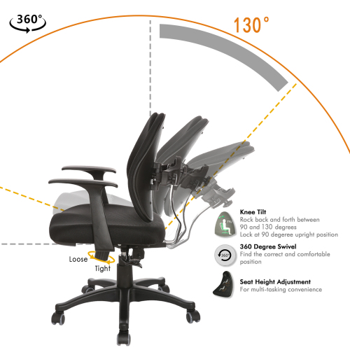 Home Office Rotatable Chair Height Adjustable with Ergonomic Lumbar Support and Casters - Black