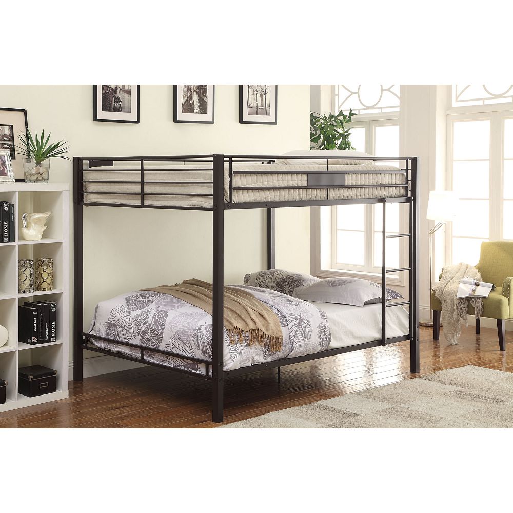 ACME Kaleb Queen-Over-Queen Size Bunk Bed Frame with Ladder, and Metal Slats Support, No Spring Box Required (Frame Only) - Black