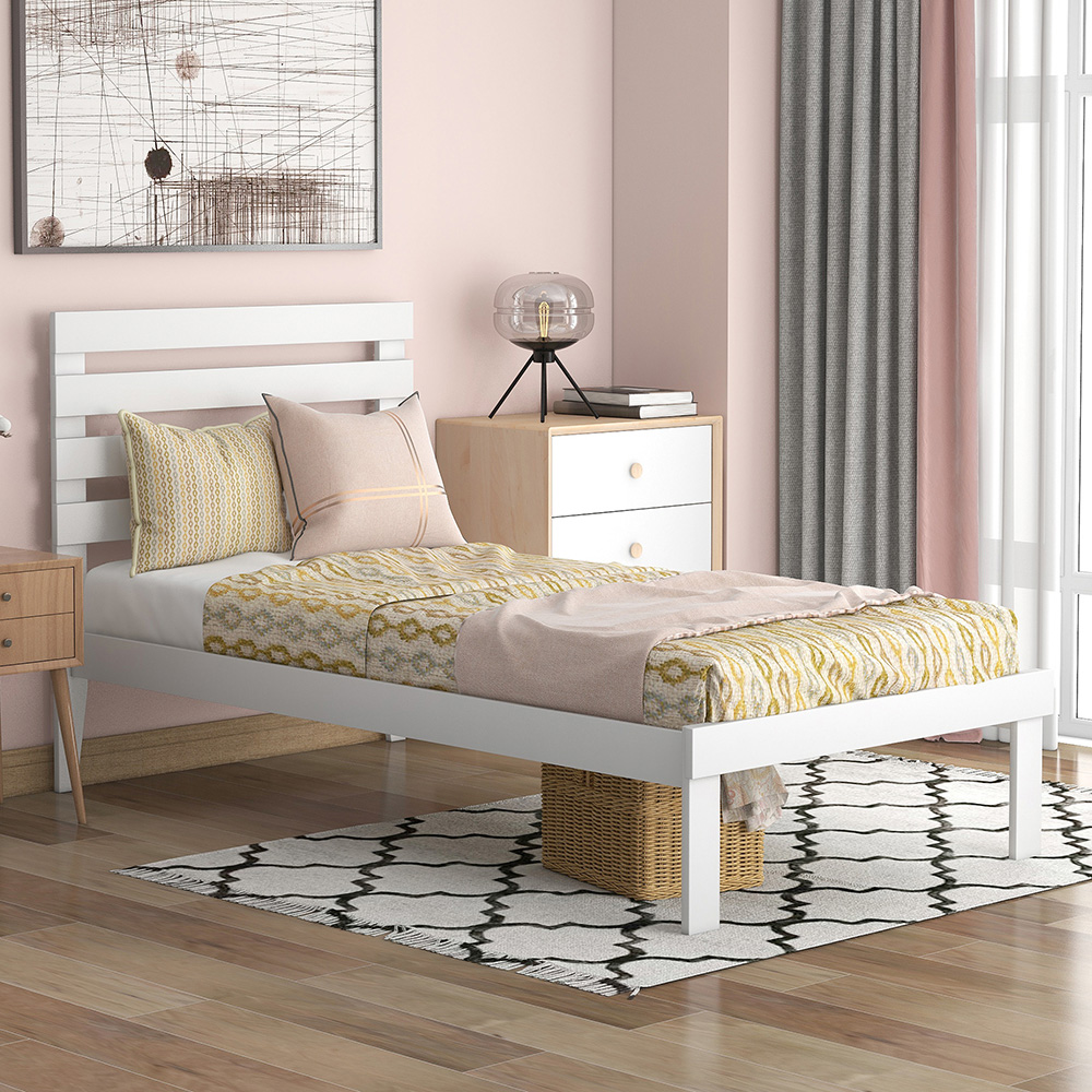 Twin-Size Platform Bed Frame with Headboard and Wooden Slats Support, No Box Spring Needed (Only Frame) - White