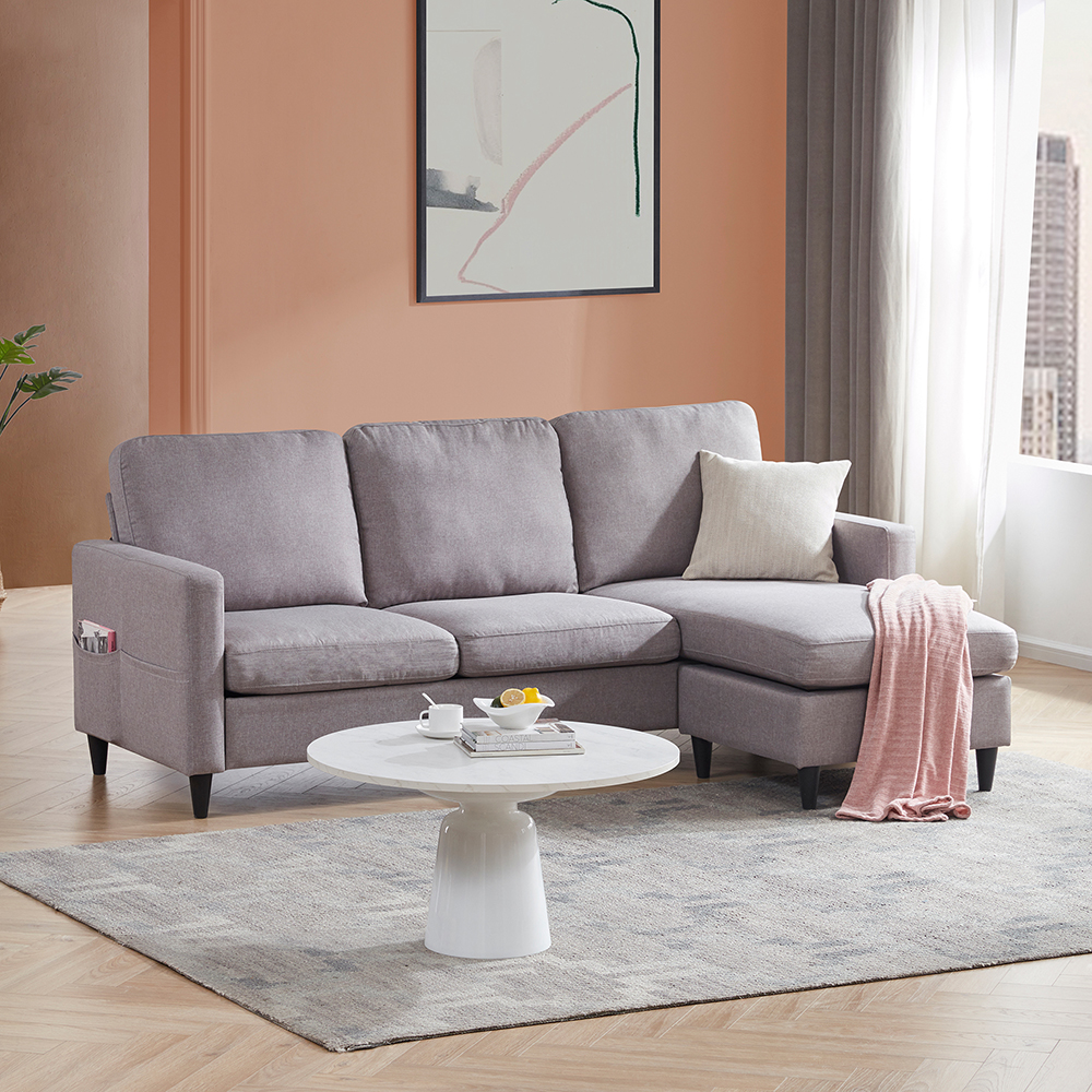 Orisfur 82.6" 3-Seat Linen Upholstered Sofa with Ottoman, Side Pocket, Plywood Frame, and Plastic Legs, for Living Room, Bedroom, Office, Apartment - Gray