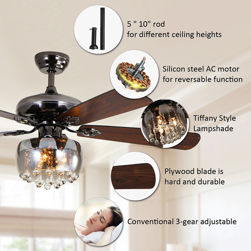 52" Metal Modern Crystal Ceiling Fan Lamp with 5 Reversible Wood Blades, and Remote Control, for Living Room, Bedroom, Corridor, Dining Room - Black
