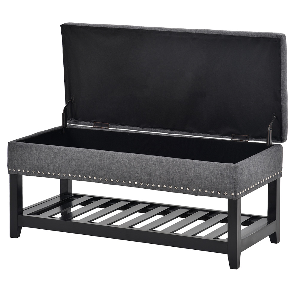 U-STYLE 41.3" Upholstered Storage Bench with Rubber Wood Legs, and Bottom Shelf, for Entrance, Hallway, Bedroom - Gray