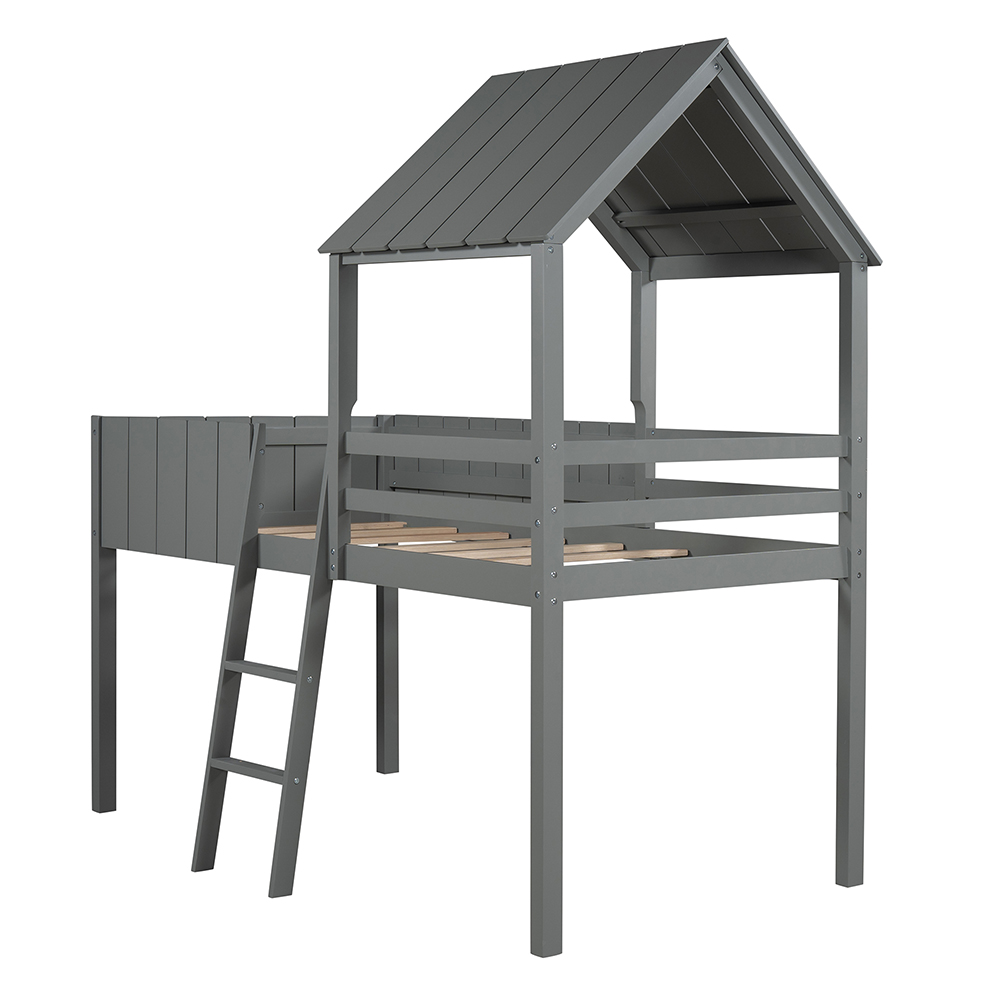 Twin-Size House-Shaped Loft Bed Frame with Guardrail, Ladder, and Wooden Slats Support, Space-saving Design, No Box Spring Needed - Gray
