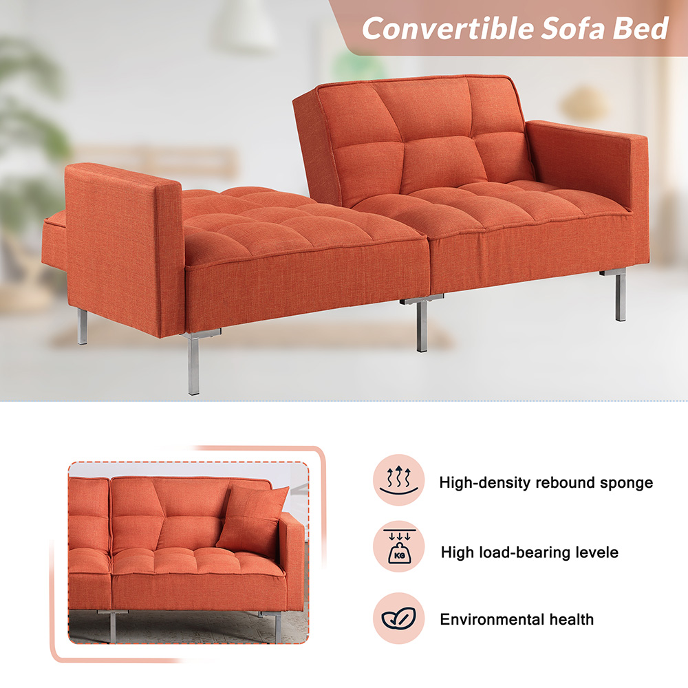 Orisfur 74" Linen  Upholstered Sofa Bed with 2 Pillows, Tufted Backrest, and Metal Legs, for Living Room, Bedroom, Office, Apartment - Orange