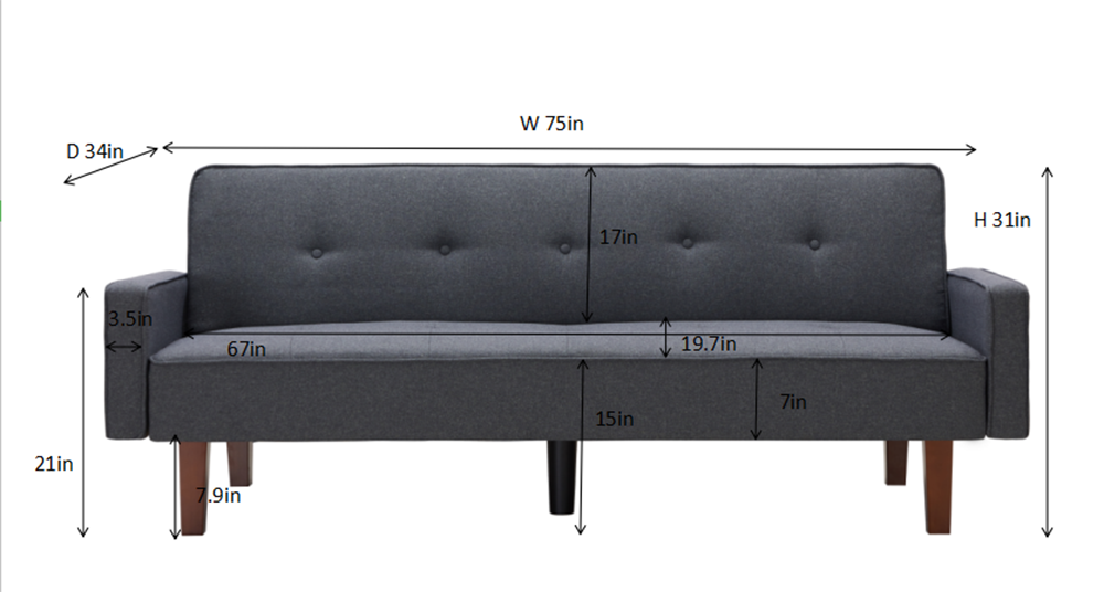 75" 2-Seat Linen Upholstered Sofa Bed with  Wooden Frame, for Living Room, Bedroom, Office, Apartment - Gray