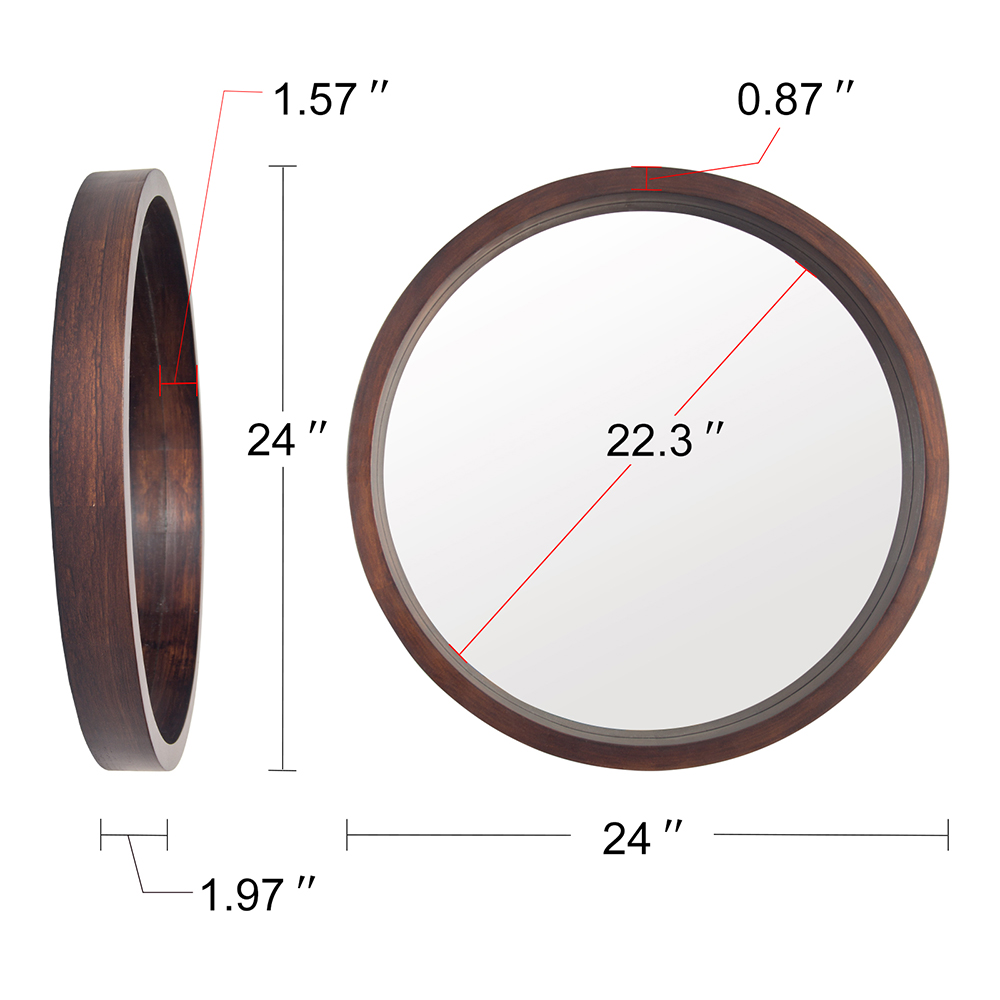 24" Round Wall-mounted Mirror with Wood Frame, for Bathroom, Bedroom, Entrance, Powder Room - Brown