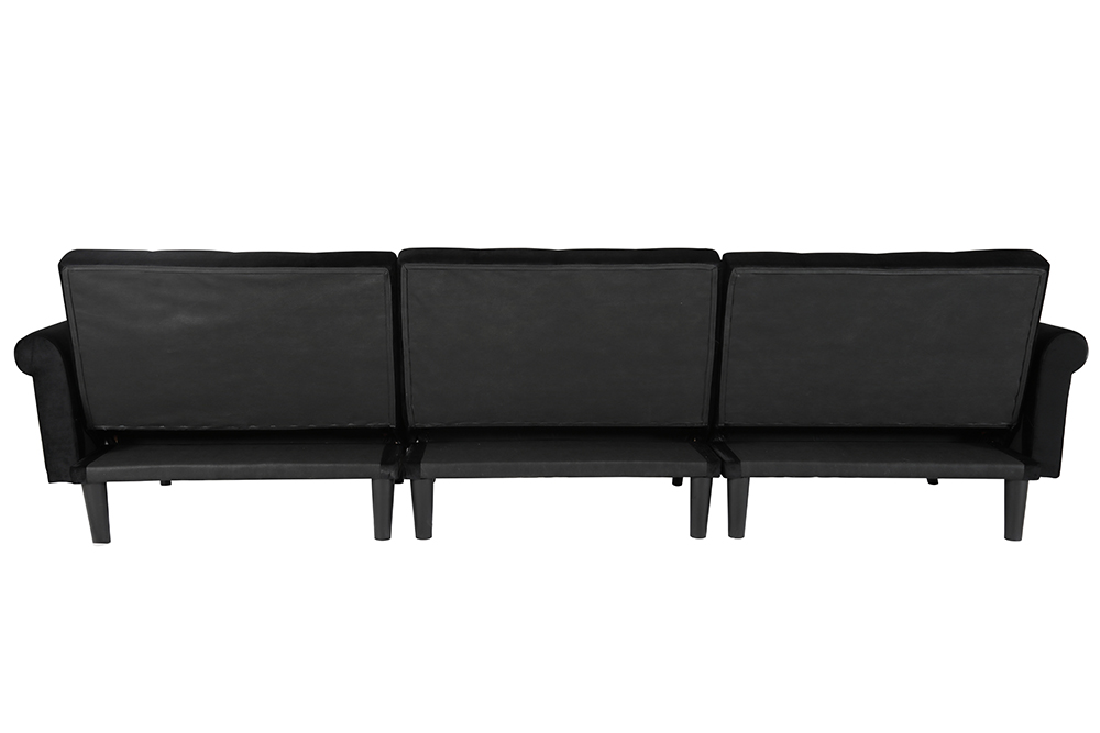 115" 4-Seat Velvet Upholstered Sectional Sofa Bed with Wooden Legs, for Living Room, Bedroom, Office, Apartment - Black
