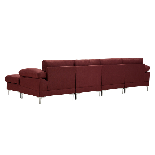 132" 6-Seat Linen Upholstered Sectional Sofa with Ottoman, Wooden Frame, and Metal Legs, for Living Room, Bedroom, Office, Apartment - Red