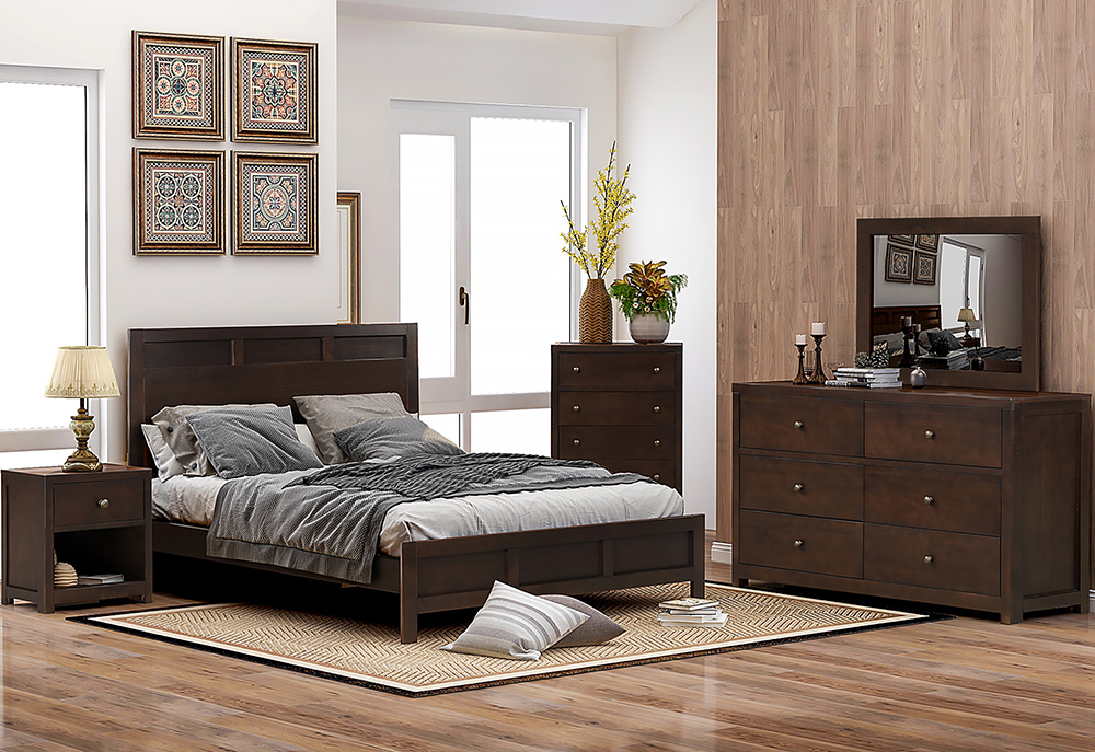 Classic 6 Pieces Wooden Bedroom Furniture Set, Including King-Size Platform Bed, 2 Nightstands, Dresser, Chest, and Mirror - Brown