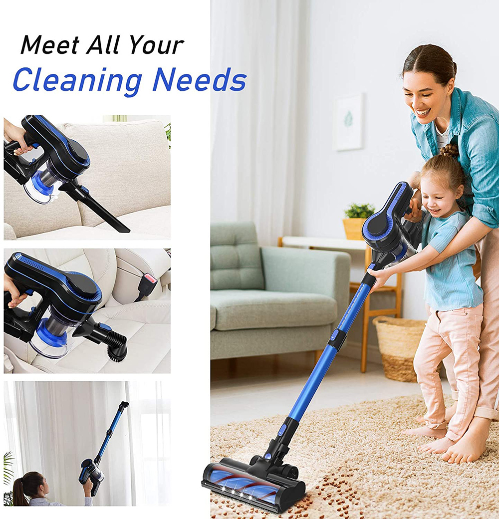 APOSEN H250 Cordless Vacuum Cleaner 250W Motor 24000pa Suction 2200mAh Battery 30 Minutes Run Time for Home Hard Floor Carpet Car Pet - Blue + Black