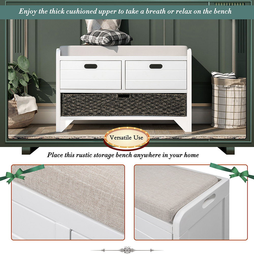 TREXM 32" Linen Blend Storage Bench with Removable Basket and 2 Drawers, for Entrance, Hallway, Bedroom - White