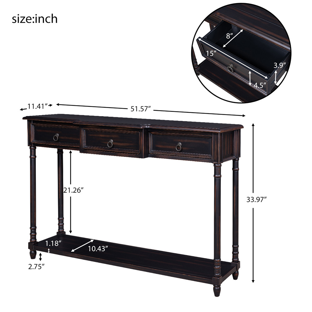 TREXM 51'' Console Table with 3 Storage Drawers, and Bottom Shelf, for Entrance, Hallway, Dining Room, Kitchen - Espresso