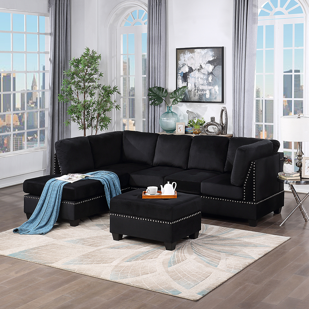 Orisfur 104.5" Velvet Upholstered Sectional Sofa with Storage Ottoman, and Wooden Frame, for Living Room, Bedroom, Office, Apartment - Black