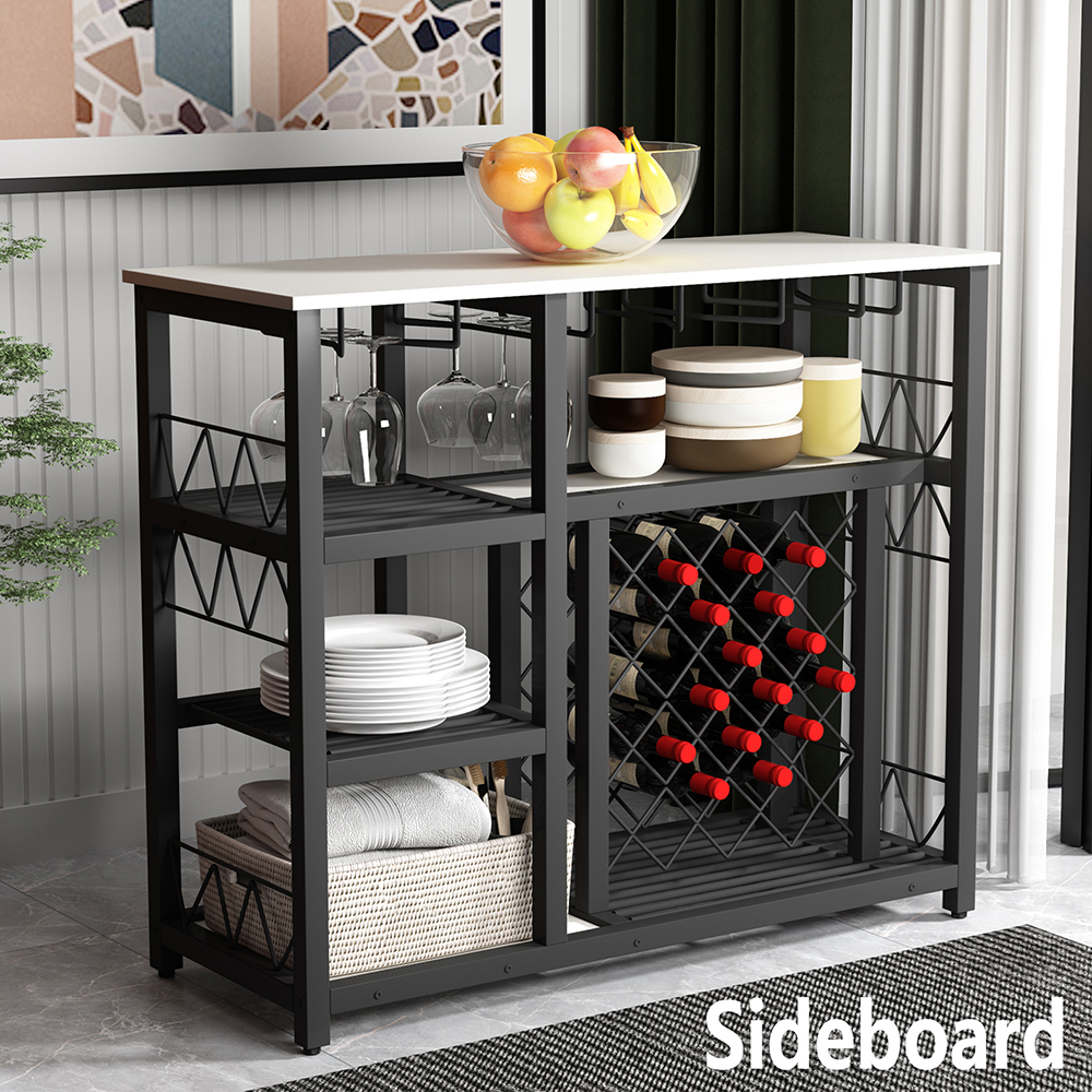 TOPMAX Modern Industrial Style Counter Height Dining Table, with Metal Wine Rack, and Storage Shelves - White