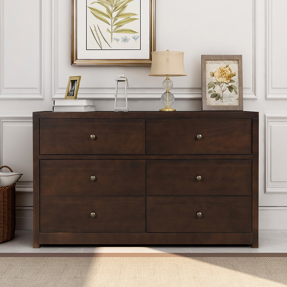 55" Solid Wood Dresser with 6 Drawers, for Bedroom, Living Room, Entrance - Brown