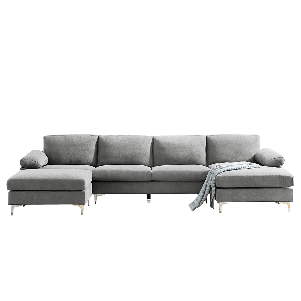 131" 5-Seat Fabric Upholstered Convertible Sectional Sofa with Ottoman, Wooden Frame, and Metal Legs, for Living Room, Bedroom, Office, Apartment - Light Gray