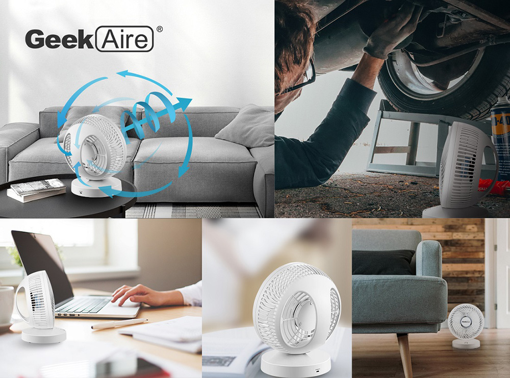 Geek Aire Portable Rechargeable Table Fan, 4 Speed Settings, 5000mAh Battery, WiFi Function, Compatible with Alexa & Google Home Supported - White