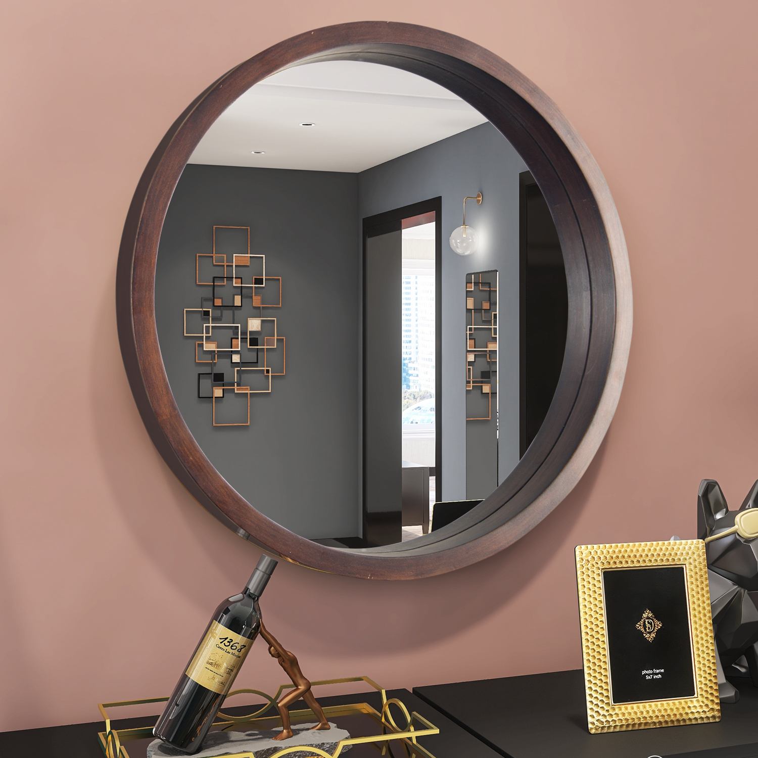 30" Round Wall-mounted Mirror with Wood Frame, for Bathroom, Bedroom, Entrance, Powder Room - Brown