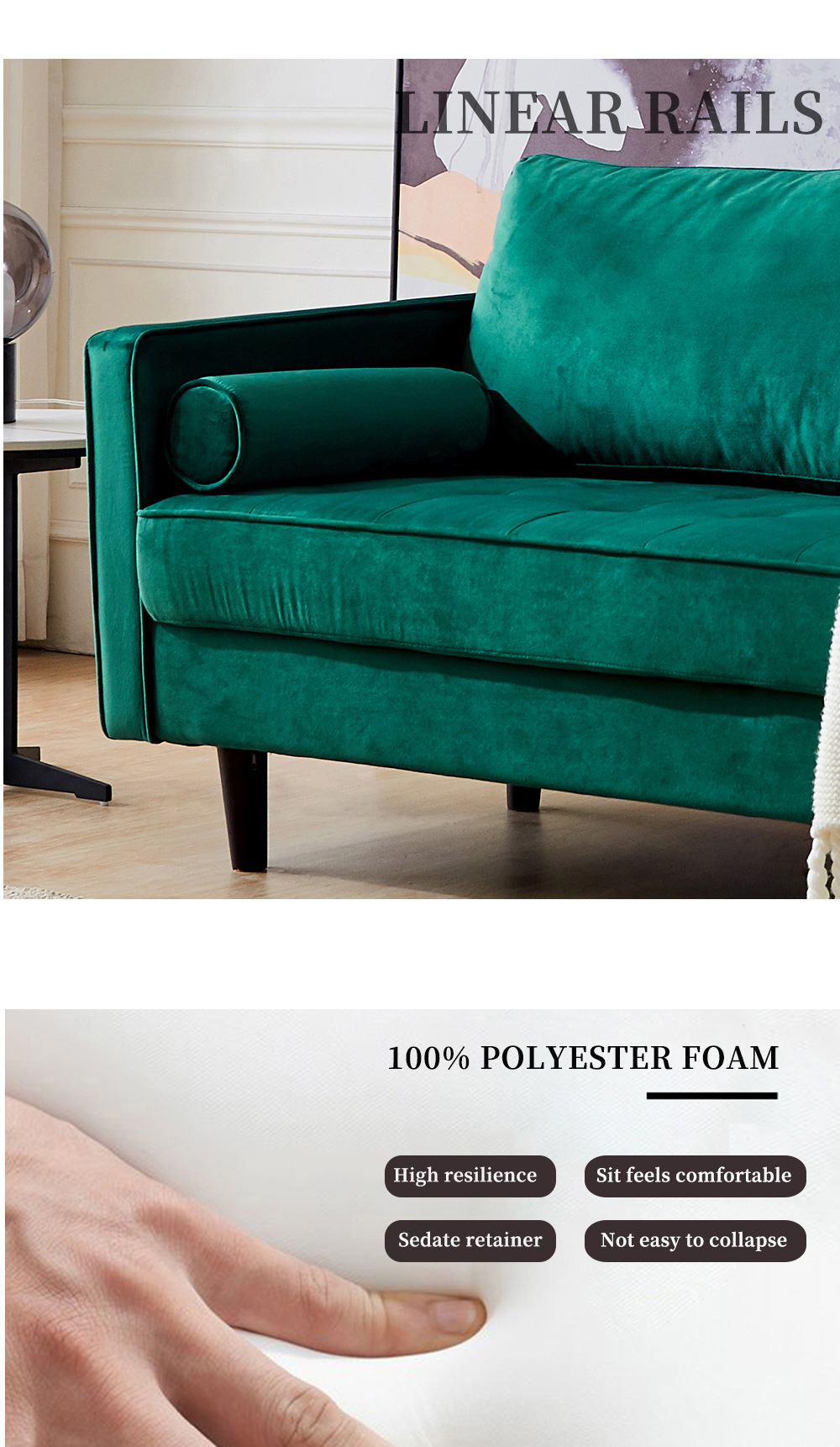 75.6" 3-Seat Velvet Fabric Upholstered Sofa with Armrests and Solid Wood Legs for Apartment, Office, Living Room, Bedroom - Emerald