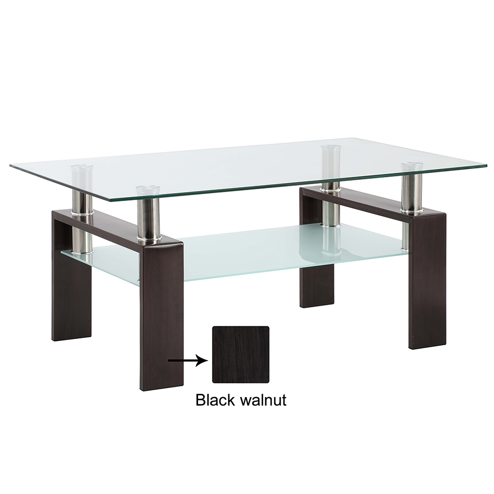 39.4" Rectangle Glass Coffee Table, with Storage Shelf, for Kitchen, Restaurant, Office, Living Room, Cafe - Walnut