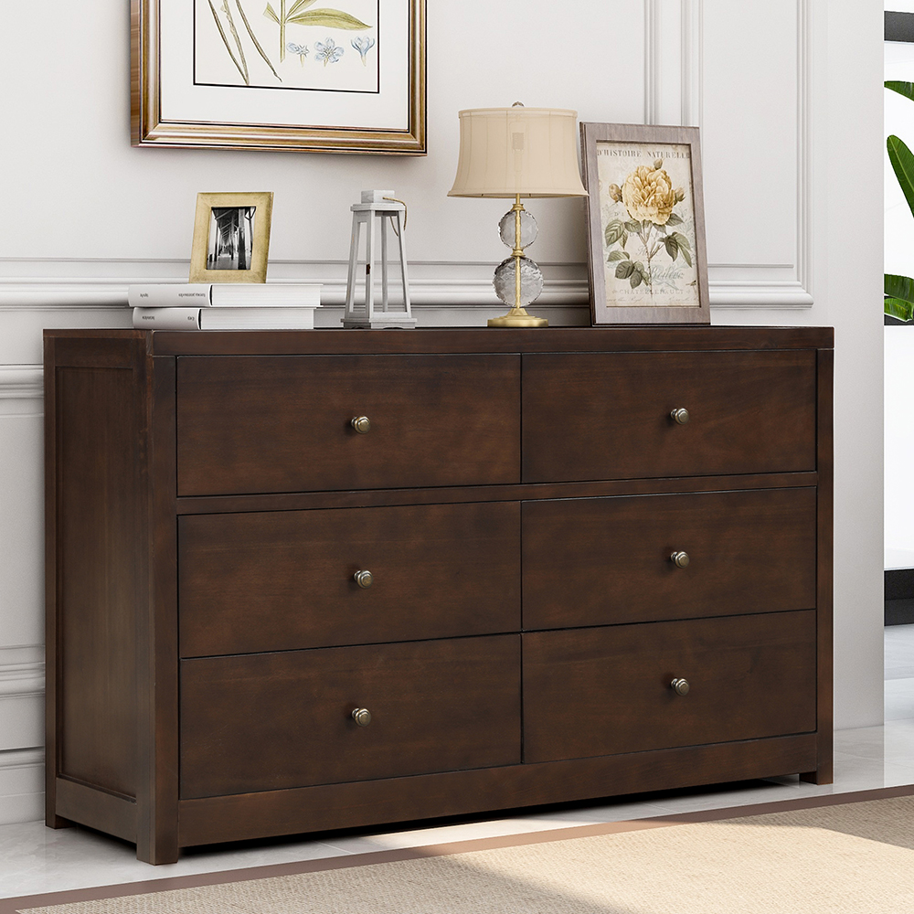 55" Solid Wood Dresser with 6 Drawers, for Bedroom, Living Room, Entrance - Brown