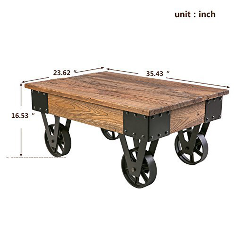 U-STYLE 35.43" Trolley-Shaped Wooden Coffee Table, with Wheels, for Kitchen, Restaurant, Office, Living Room, Cafe - Brown