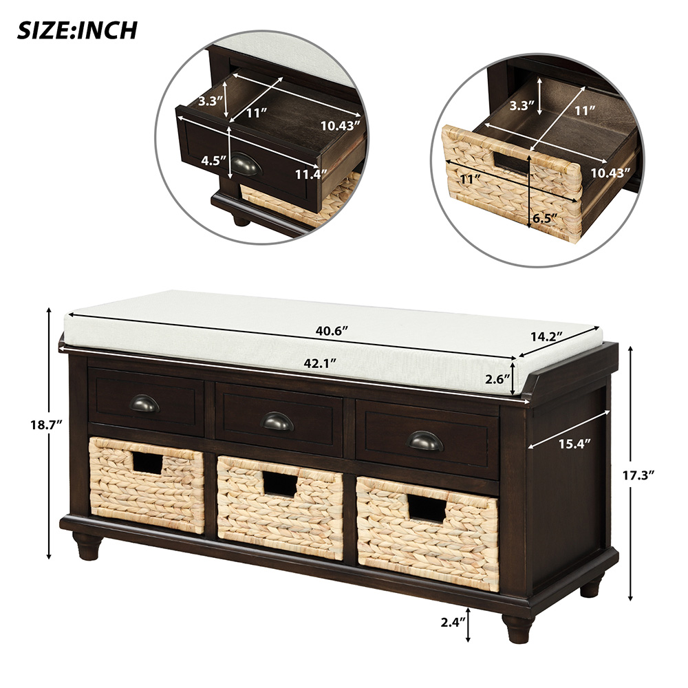 TREXM 42.1" Rustic Style Storage Bench with 3 Drawers, 3 Rattan Baskets, and Removable Cushion, for Entrance, Hallway, Bedroom, Living Room - Espresso