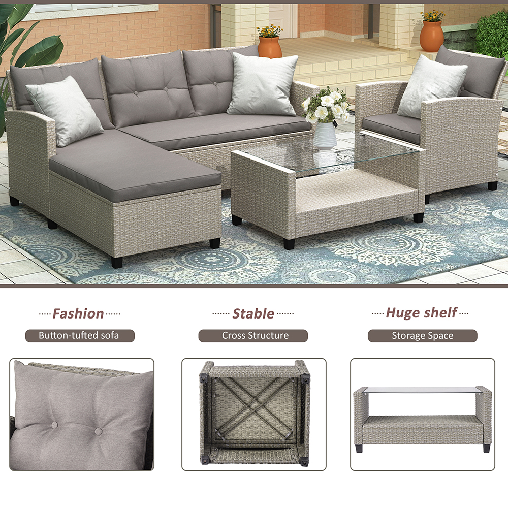 U-STYLE 4 Pieces Outdoor Ratten Furniture Set, Including 2-Seat Sofa, Lounge Sofa, Armchair, and Coffee Table, for Garden, Terrace, Porch, Poolside, Beach - Gray