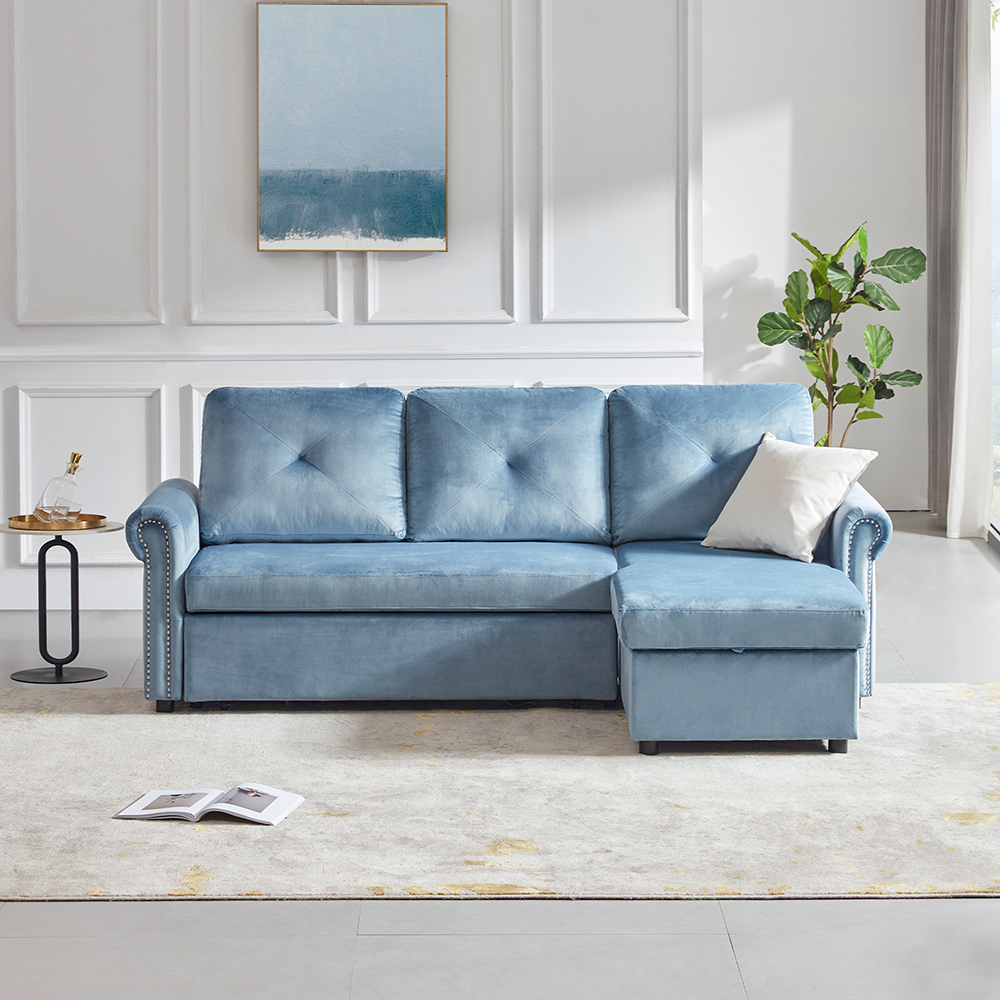 Orisfur 83.46" Velvet Upholstered Sectional Sofa Bed with Storage Chaise, Wooden Frame, and Plastic Legs, for Living Room, Bedroom, Office, Apartment - Blue