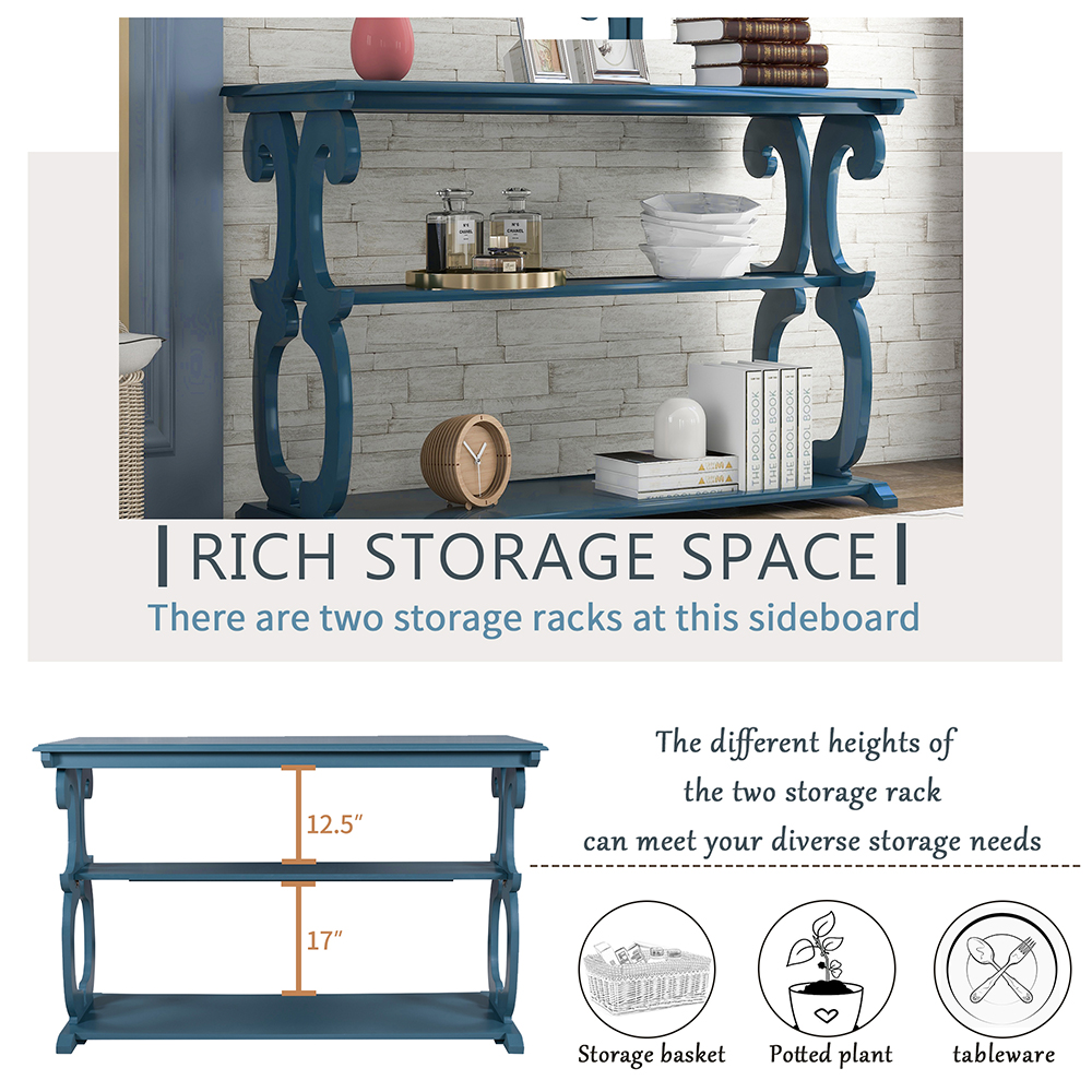 TREXM 48" Vintage Carved Design  Wooden Console Table with 3-Layer Open Storage Shelf, for Entrance, Hallway, Dining Room, Kitchen - Navy